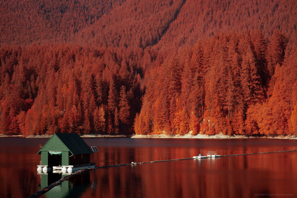 Infrared black and white landscape of Cleveland Dam and surrounding forest in North Vancouver