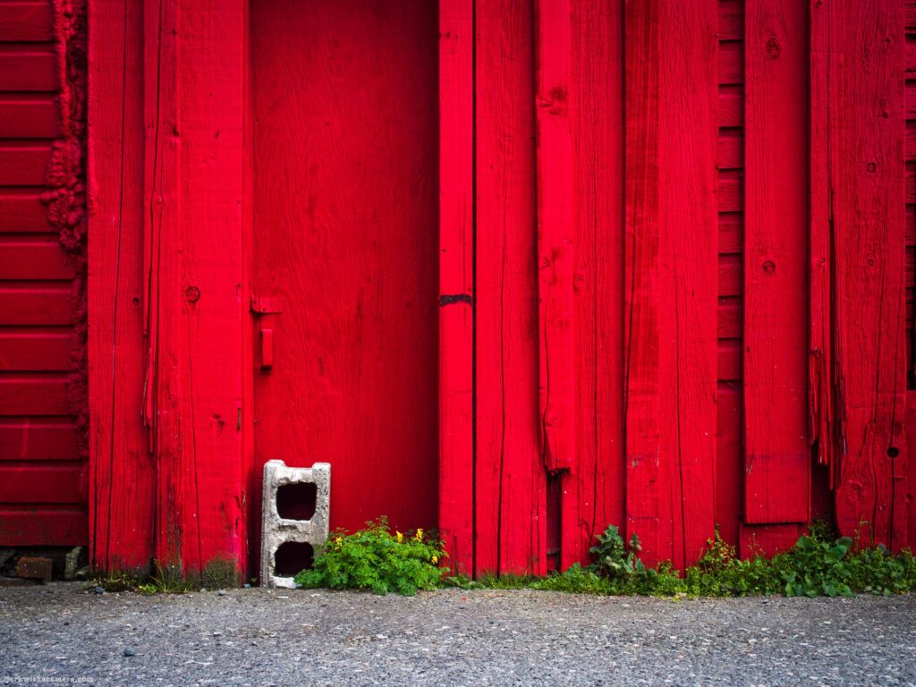 Bright red wooden wall with concrete block and weeds at base