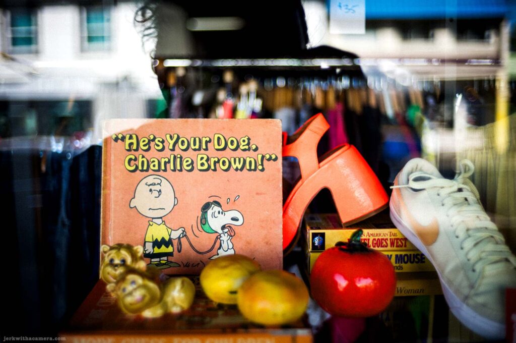 Charlie Brown book beside shoe and toy fruit in store window on Commercial Drive in Vancouver